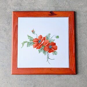 Vintage 2006 Linda Chapman Orange Floral Poppy Ceramic Wood Kitchen Trivet